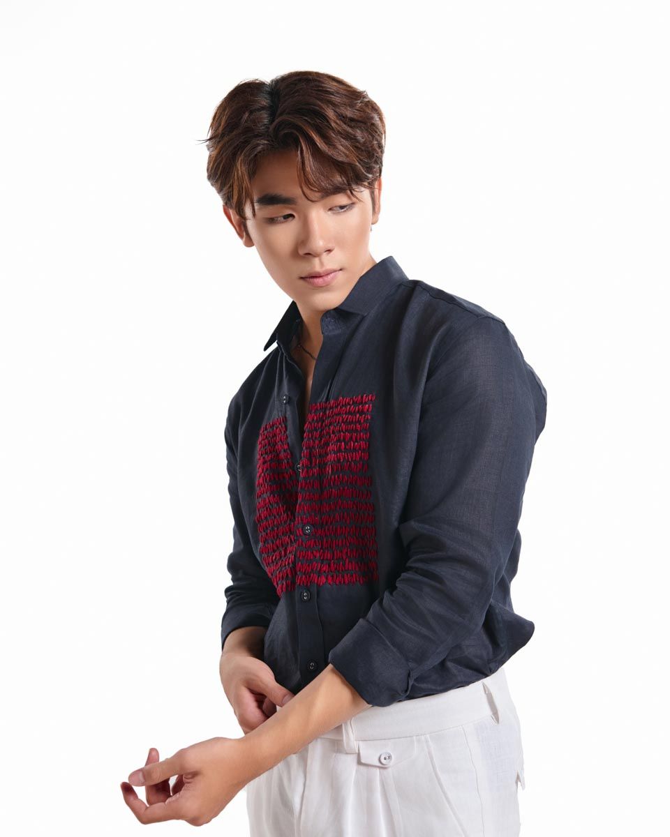 Áo Sơ Mi Linen Nam Xanh Đen Đột Chỉ