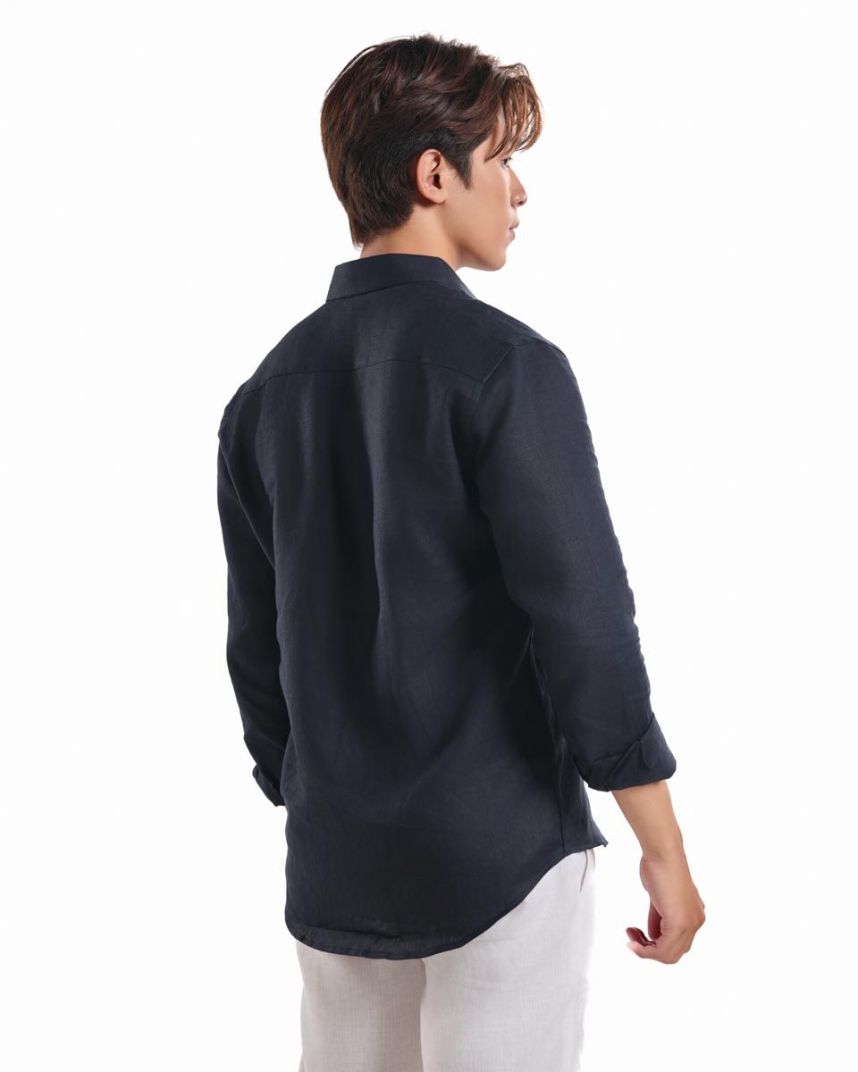 Áo Sơ Mi Linen Nam Xanh Đen Đột Chỉ