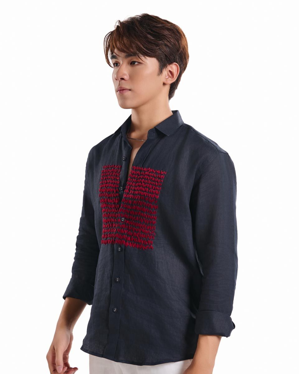 Áo Sơ Mi Linen Nam Xanh Đen Đột Chỉ