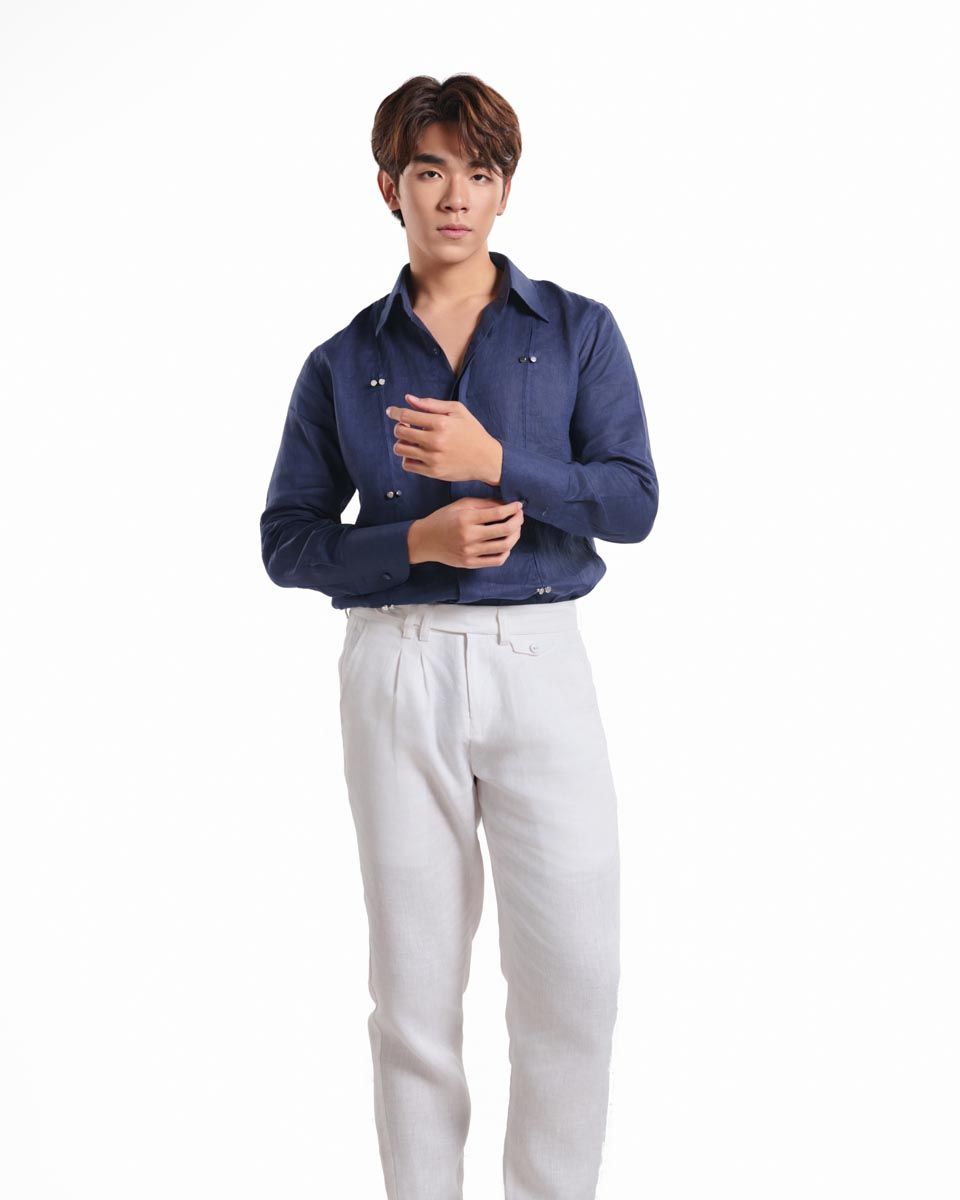 Áo Sơ Mi Linen Nam Xanh Đen Kết Nút