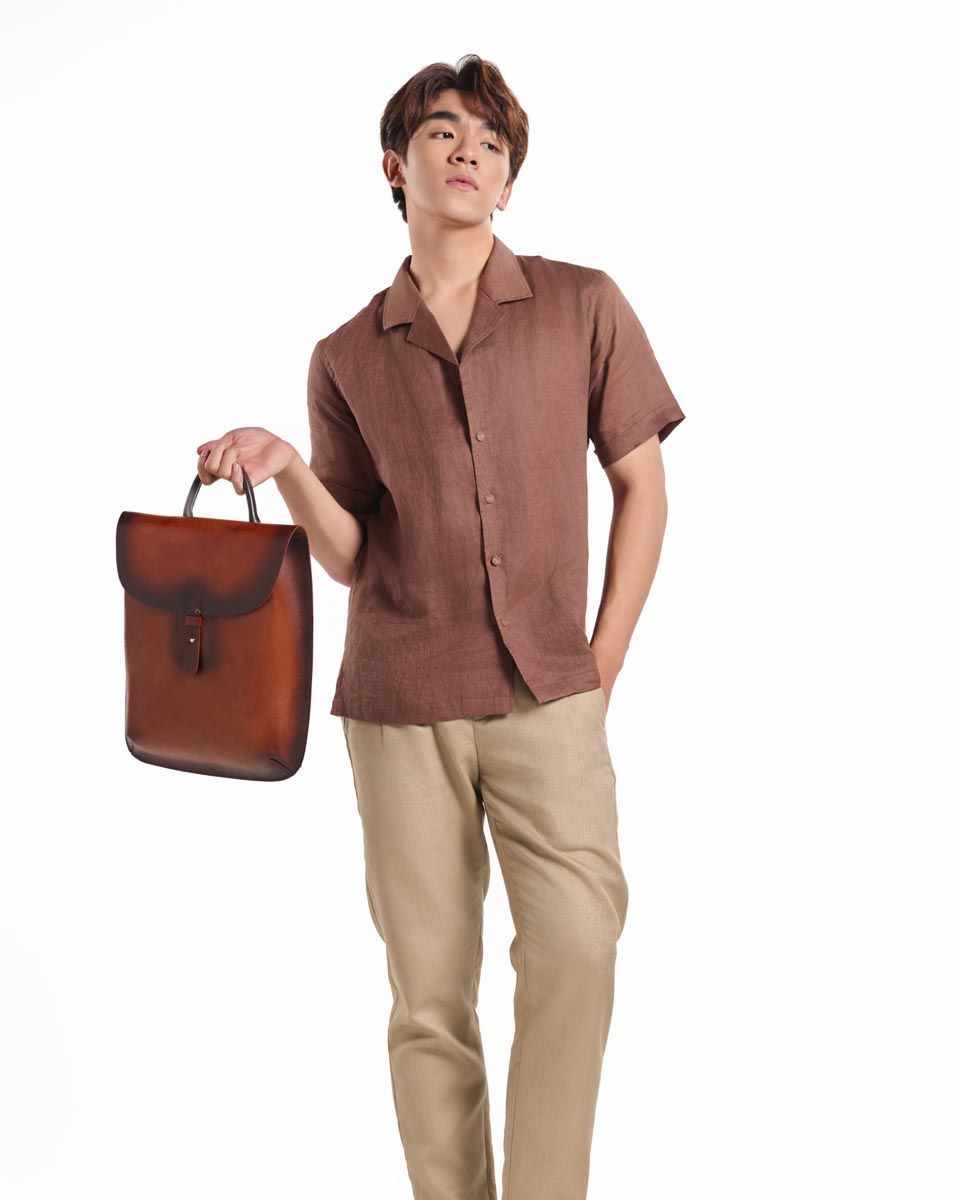 Áo Sơ Mi Linen Nam Nâu Ngắn Tay