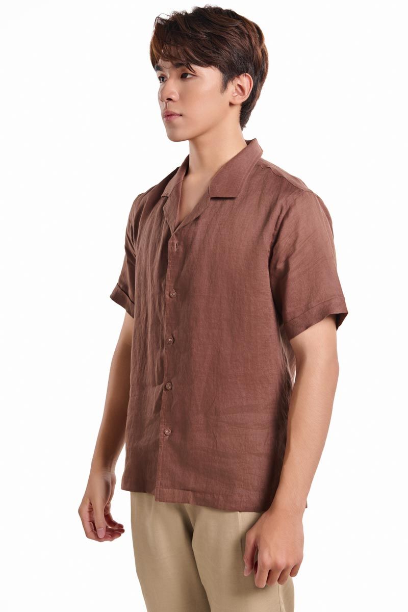 Áo Sơ Mi Linen Nam Nâu Ngắn Tay