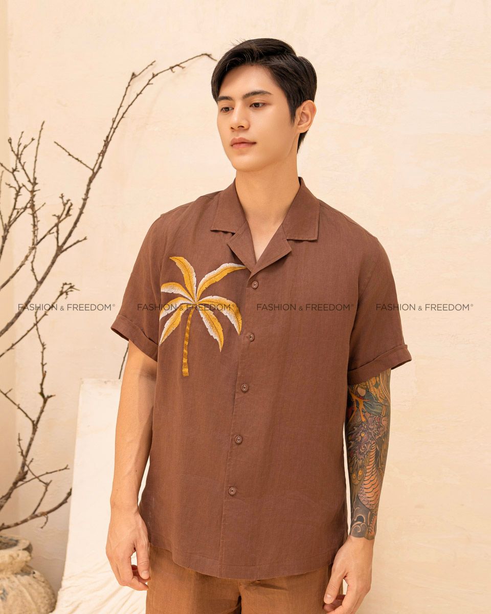 Áo Sơ Mi Nam Linen Nâu Thêu Tay Ngắn