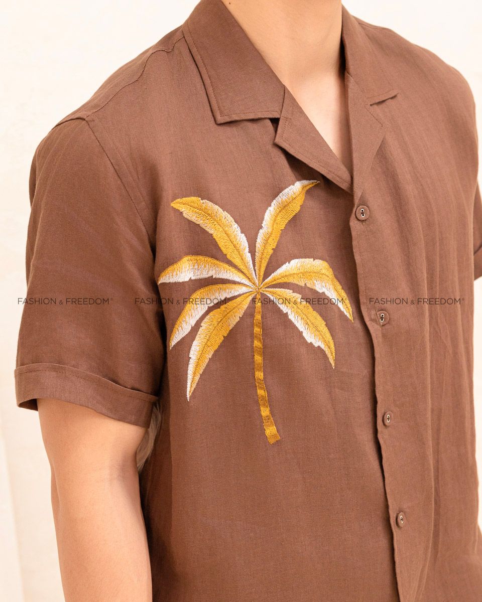 Áo Sơ Mi Nam Linen Nâu Thêu Tay Ngắn
