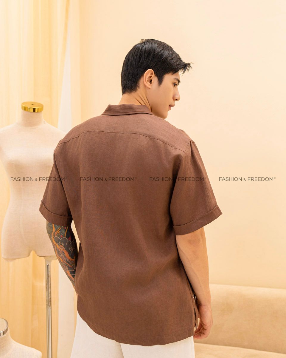 Áo Sơ Mi Nam Linen Nâu Thêu Tay Ngắn