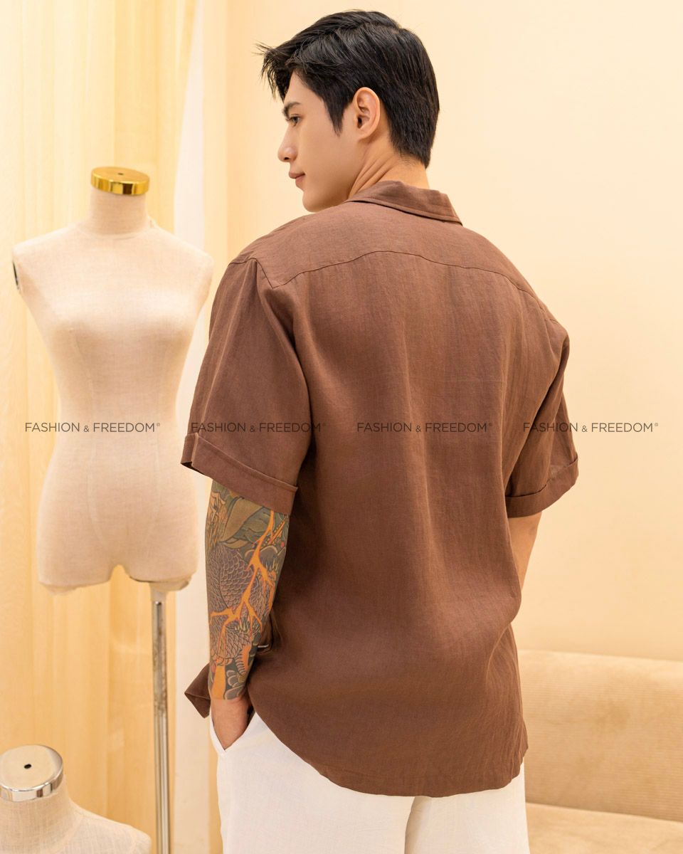 Áo Sơ Mi Nam Linen Nâu Thêu Tay Ngắn