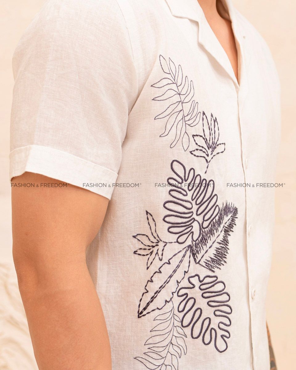Áo Sơ Mi Nam Linen Trắng Thêu Tay Ngắn