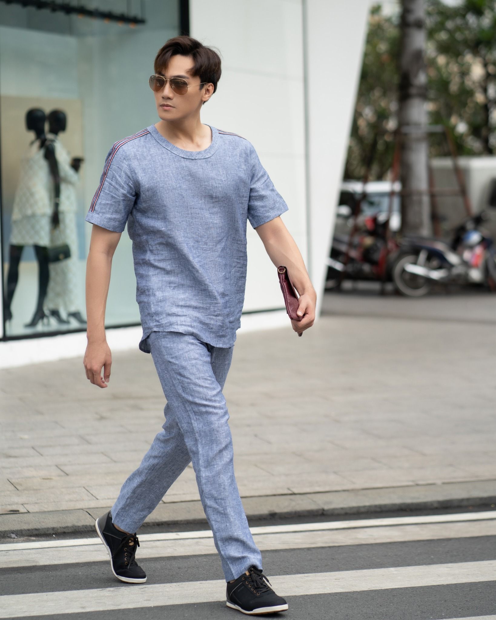 Áo Linen Xanh Xám Phối Sọc