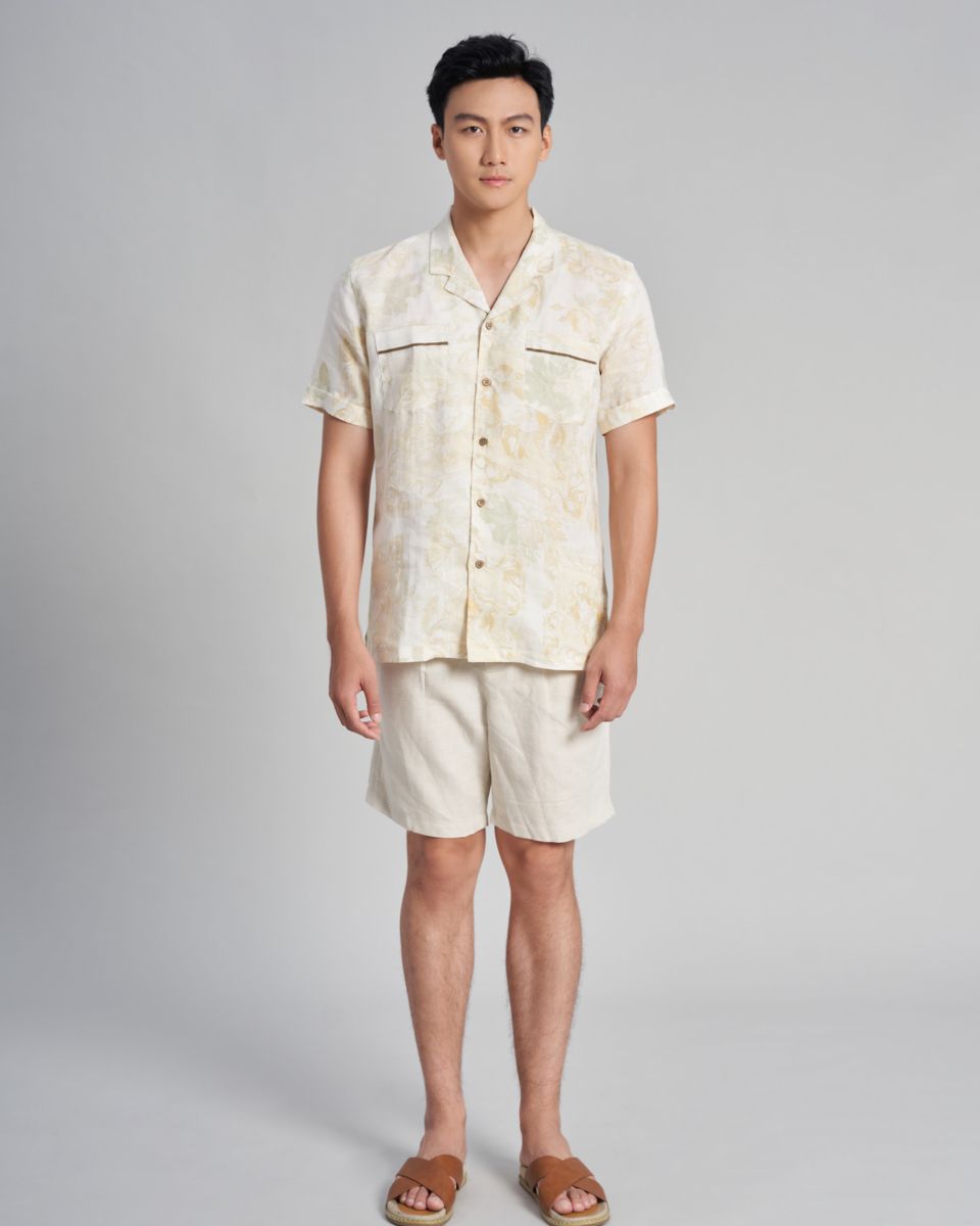 Áo Sơ Mi Nam Linen Kem Hoa Holidays Vibes
