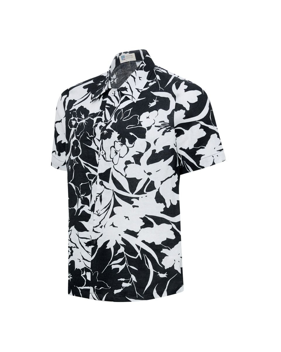 Áo Sơ Mi Linen Nam Đen Hoa Tay Ngắn
