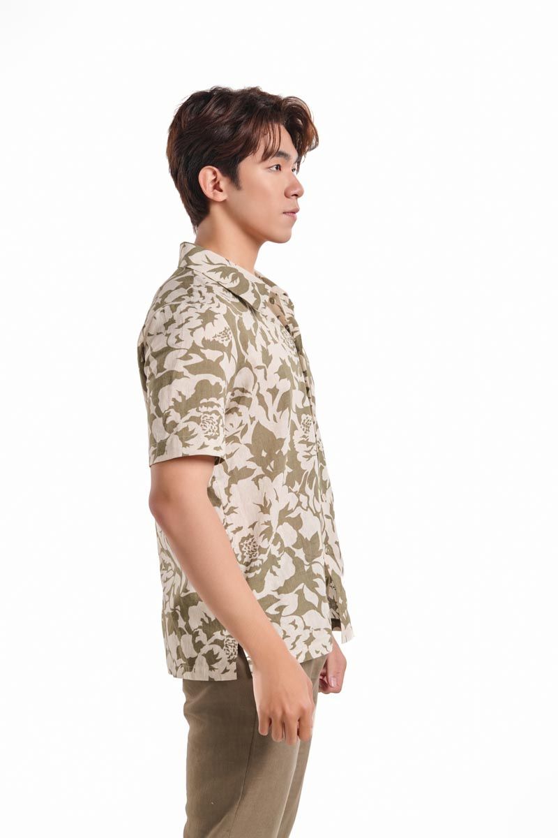 Áo Sơ Mi Linen Nam Rêu Hoa Tay Ngắn