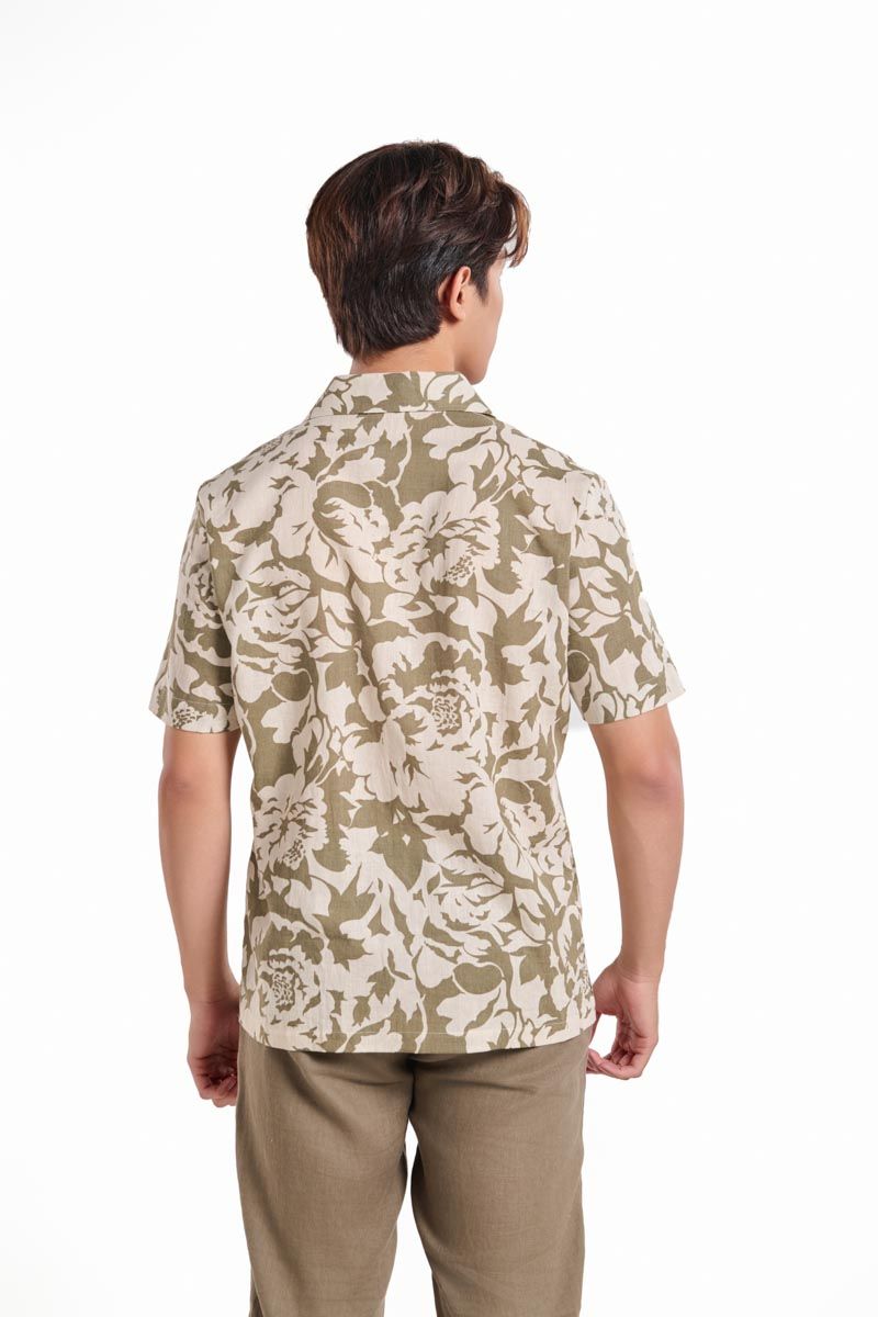 Áo Sơ Mi Linen Nam Rêu Hoa Tay Ngắn