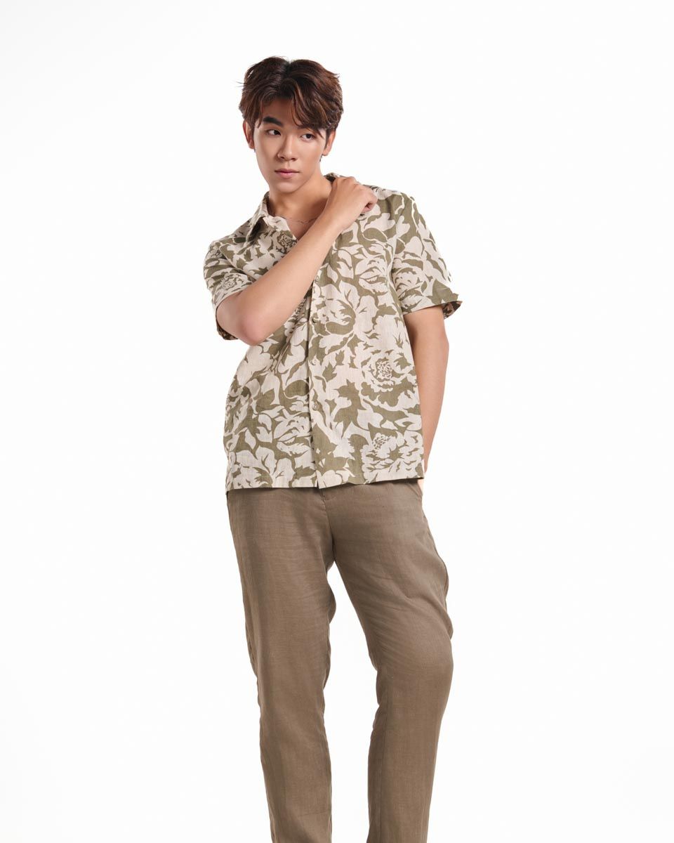 Áo Sơ Mi Linen Nam Rêu Hoa Tay Ngắn