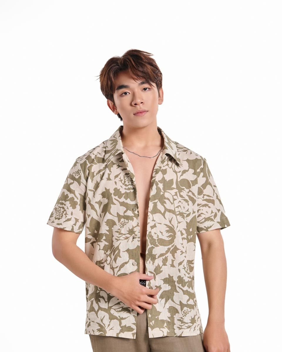 Áo Sơ Mi Linen Nam Rêu Hoa Tay Ngắn