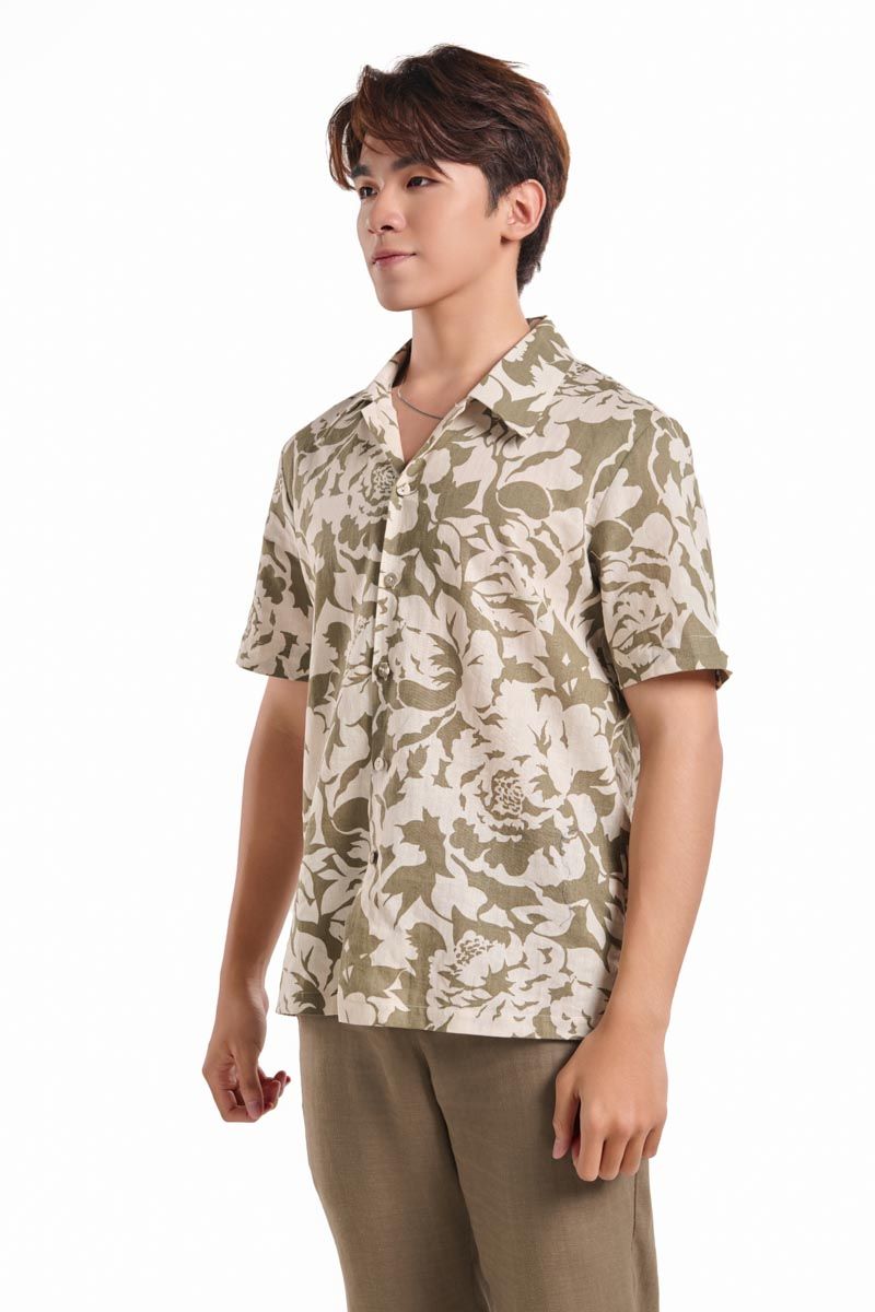 Áo Sơ Mi Linen Nam Rêu Hoa Tay Ngắn
