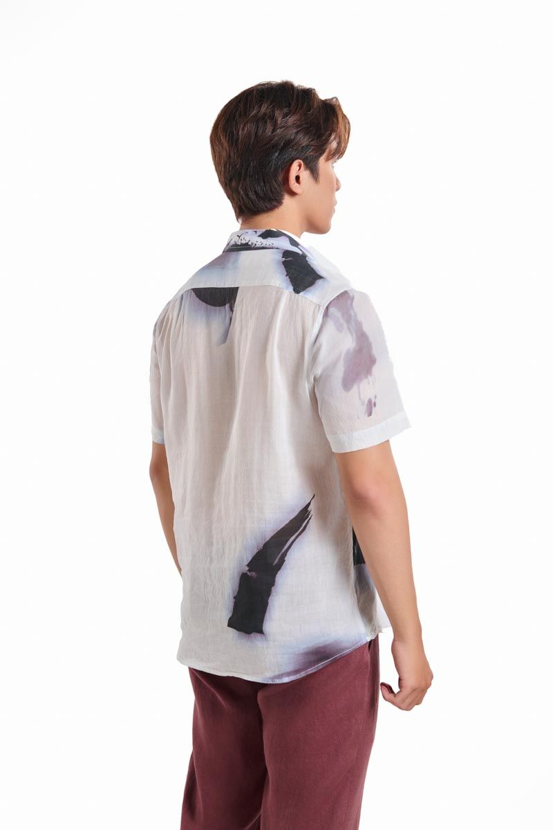 Áo Sơ Mi Linen Nam Trắng Họa Tiết Tay Ngắn