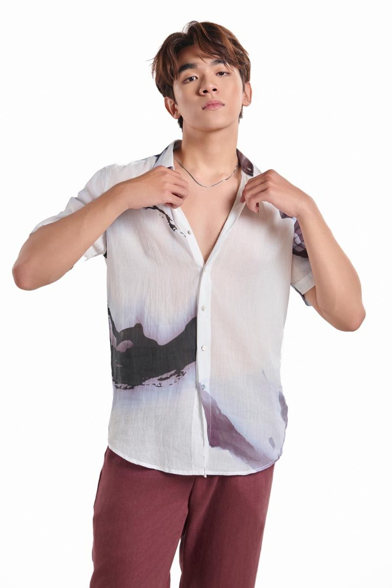 Áo Sơ Mi Linen Nam Trắng Họa Tiết Tay Ngắn