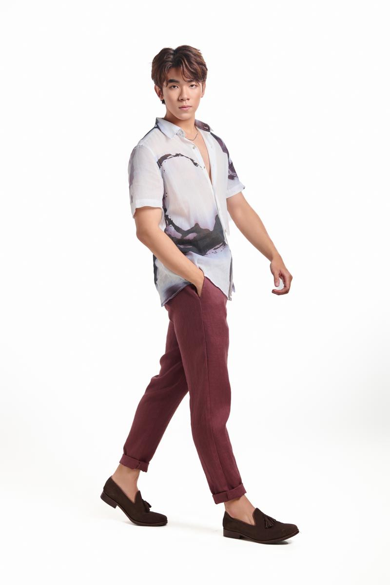 Áo Sơ Mi Linen Nam Trắng Họa Tiết Tay Ngắn