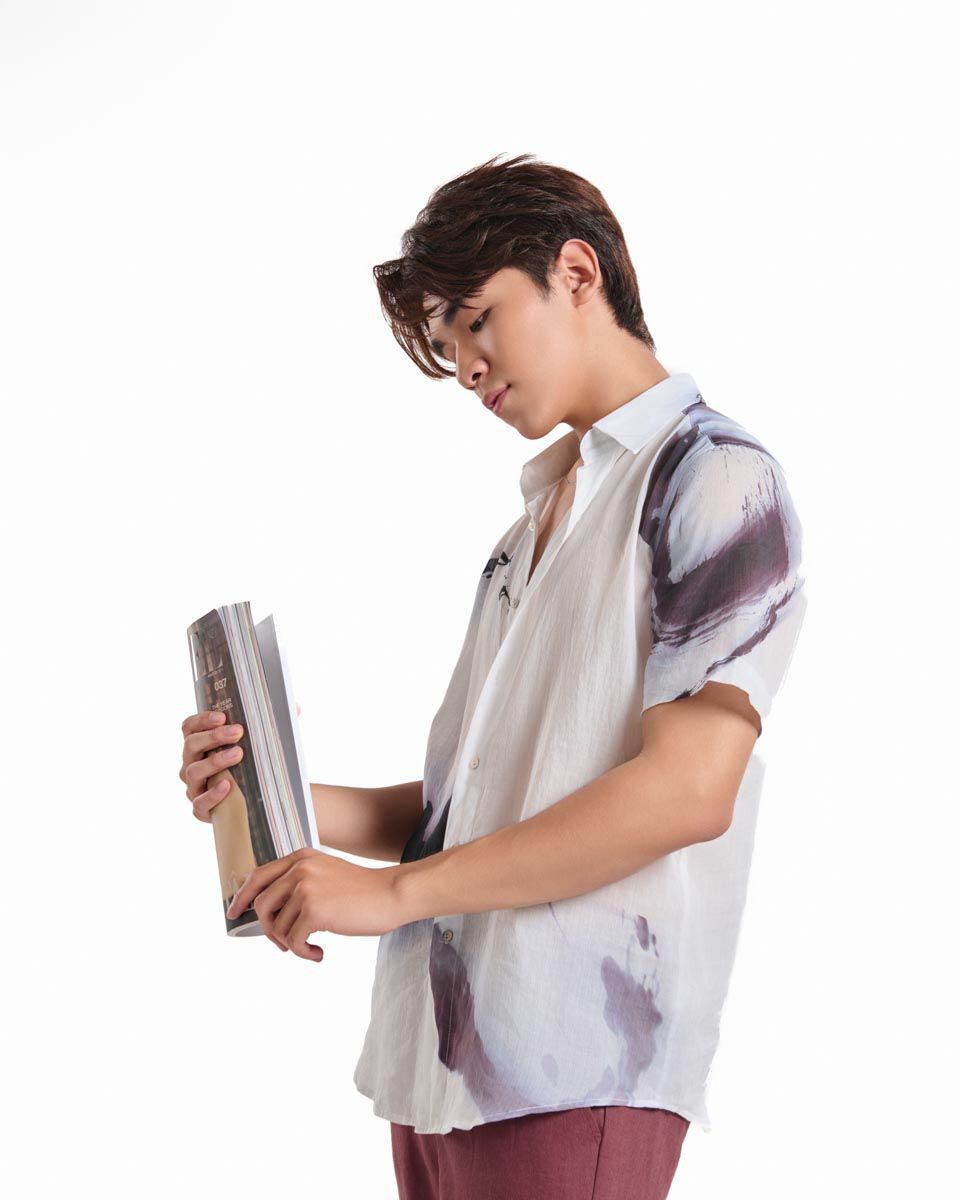 Áo Sơ Mi Linen Nam Trắng Họa Tiết Tay Ngắn