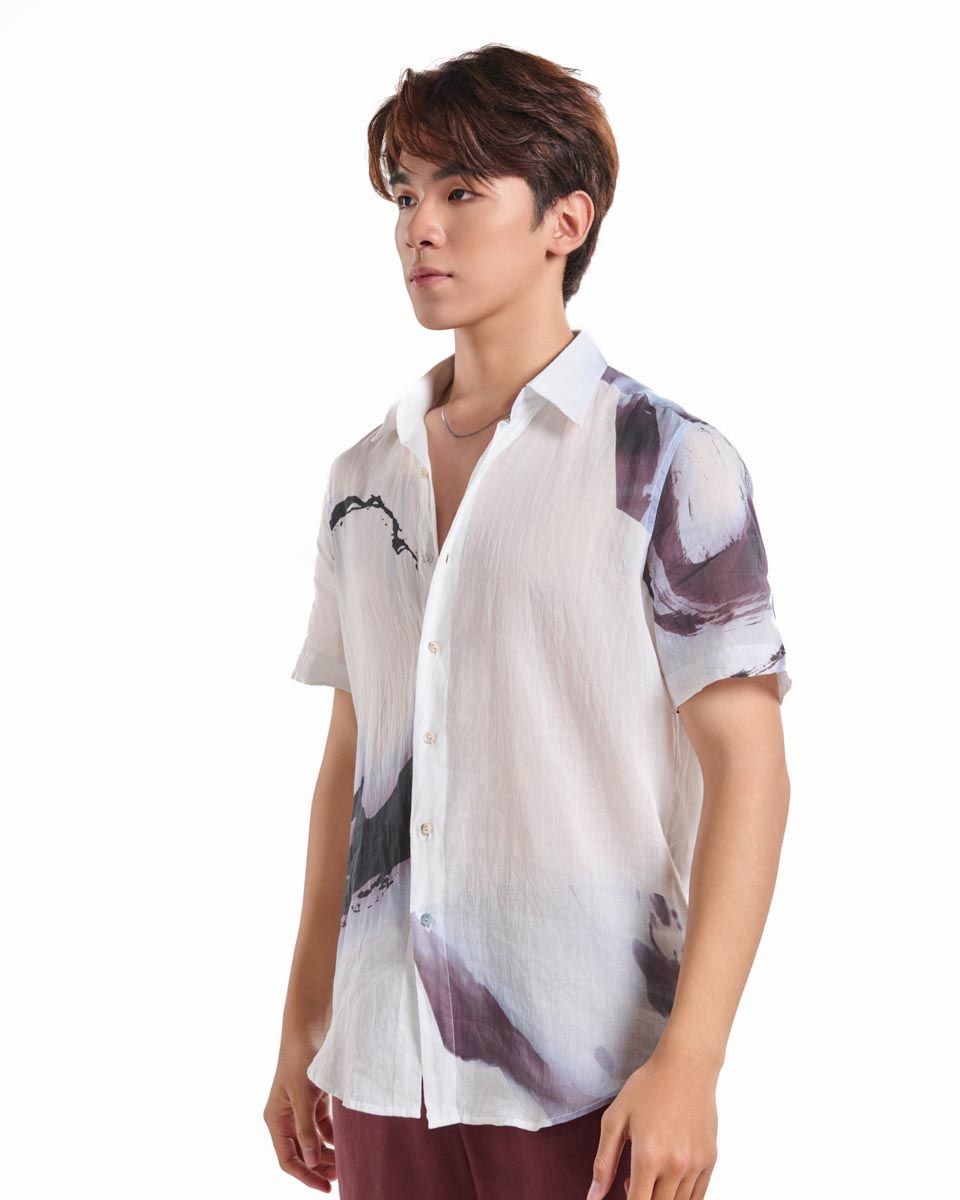 Áo Sơ Mi Linen Nam Trắng Họa Tiết Tay Ngắn