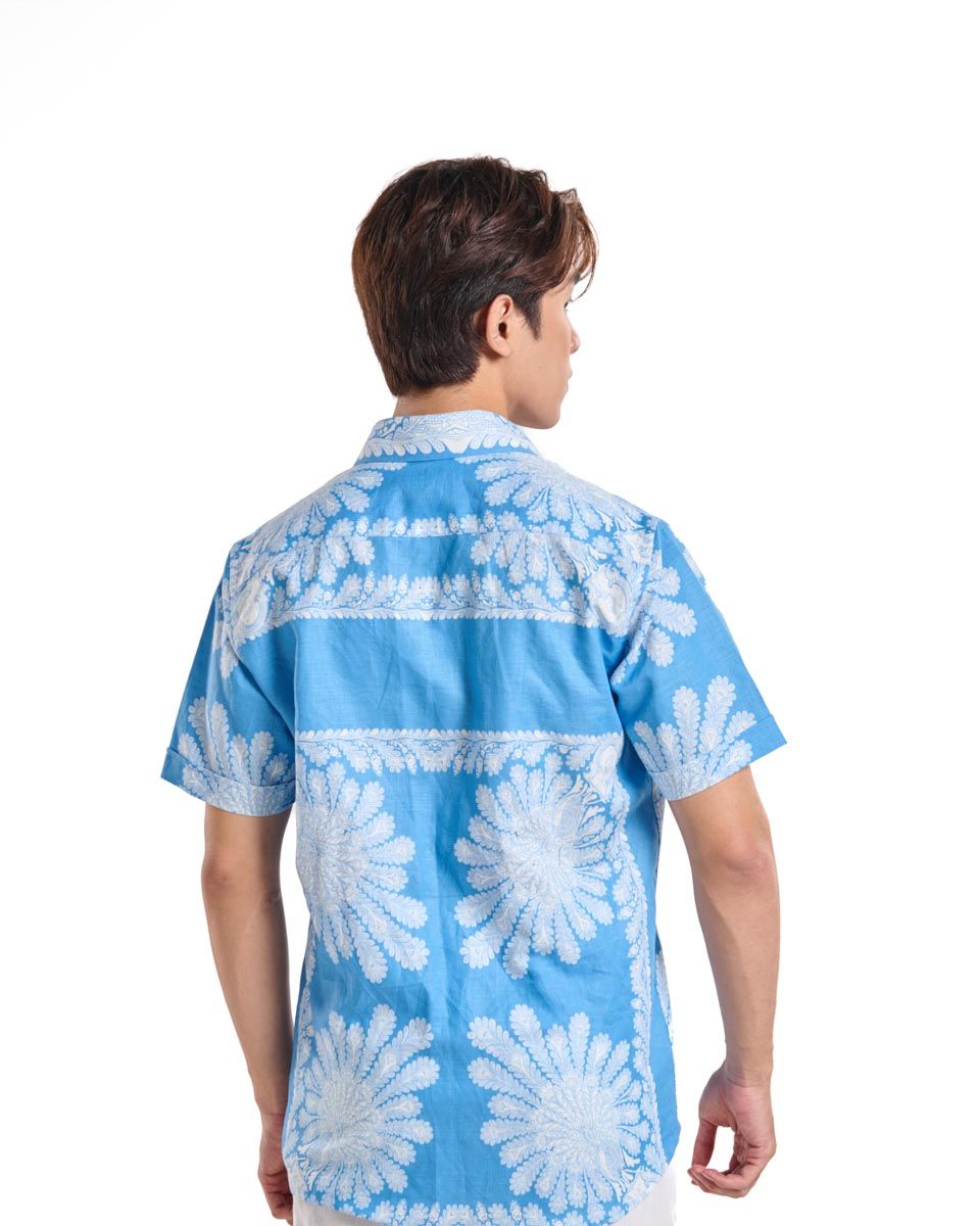 Áo Sơ Mi Linen Nam Xanh Họa Tiết Ngắn Tay