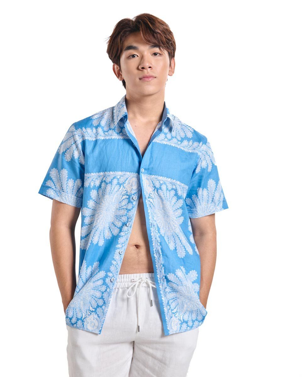 Áo Sơ Mi Linen Nam Xanh Họa Tiết Ngắn Tay