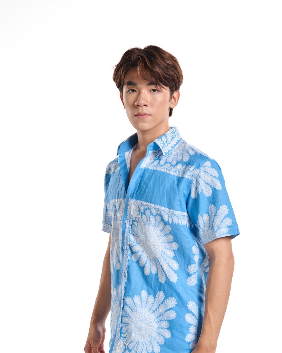 Áo Sơ Mi Linen Nam Xanh Họa Tiết Ngắn Tay