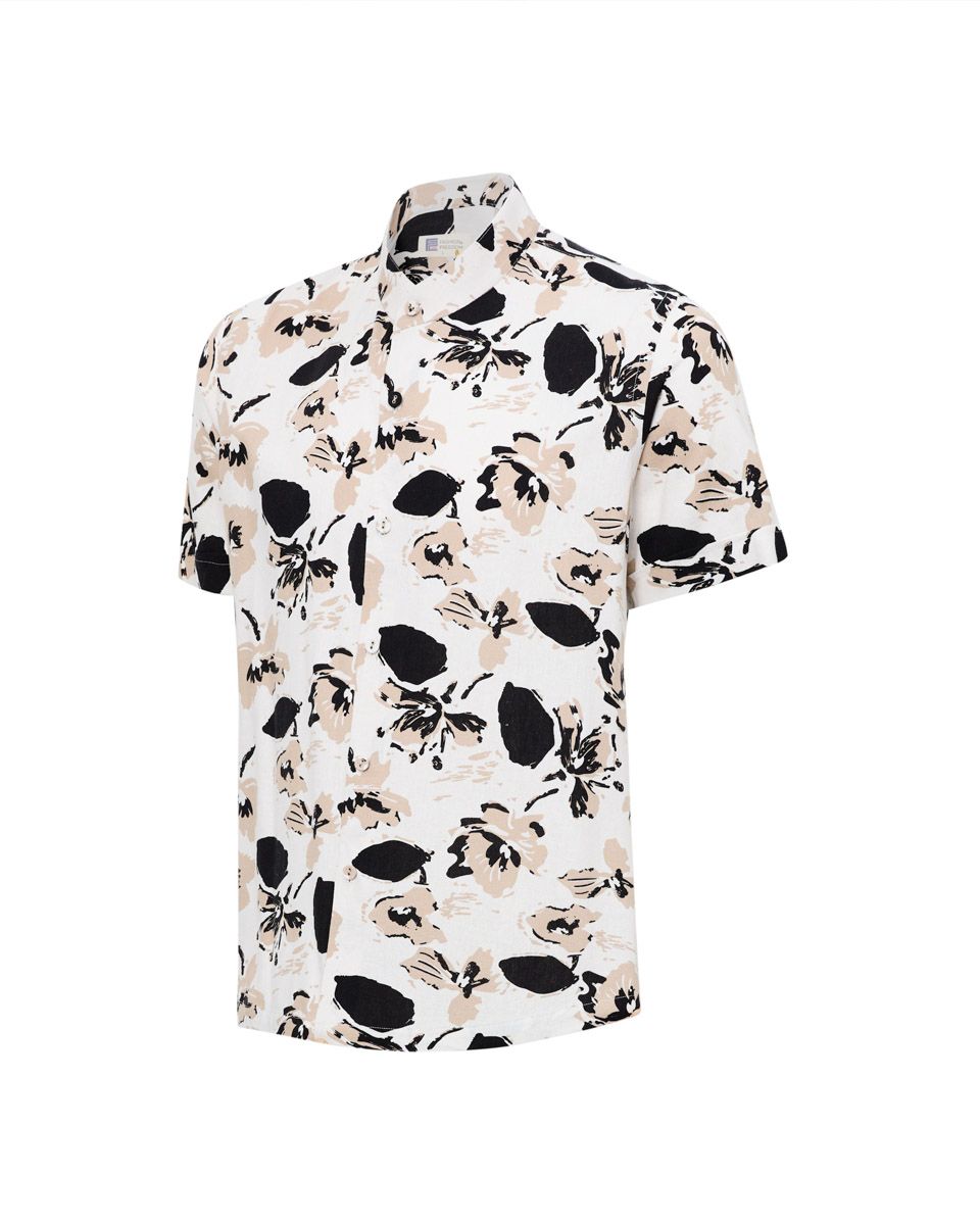 Áo Sơ Mi Linen Nam Nâu Hoa Tay Ngắn