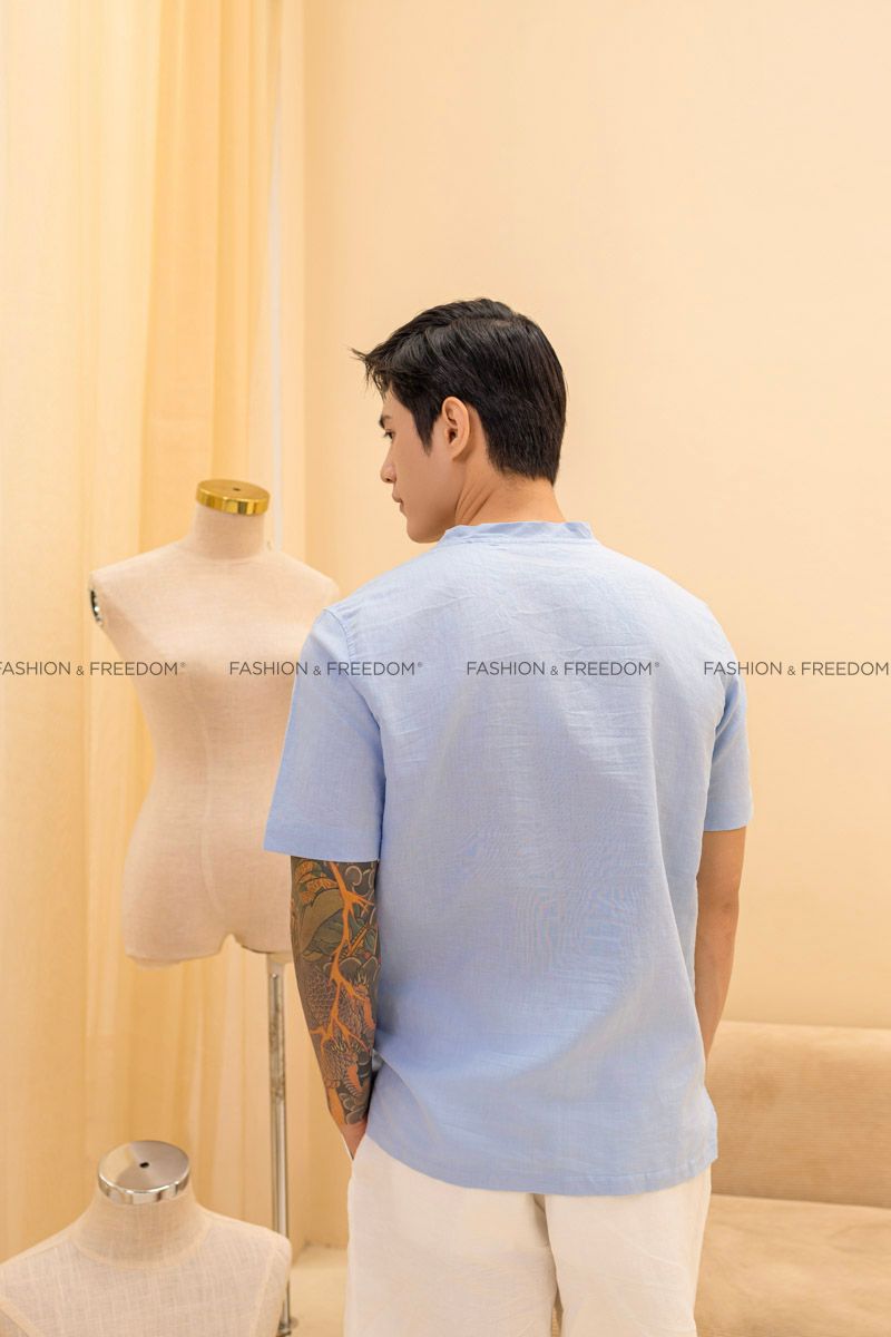 Áo Sơ Mi Nam Linen Xanh Pastel Tay Ngắn