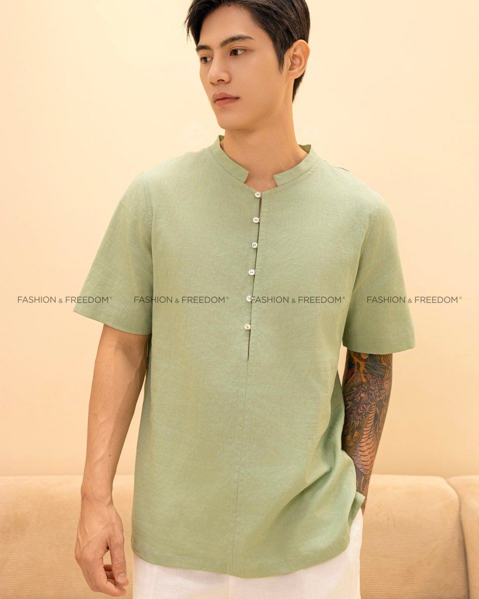 Áo Sơ Mi Nam Linen Xanh Rêu Nhạt Tay Ngắn