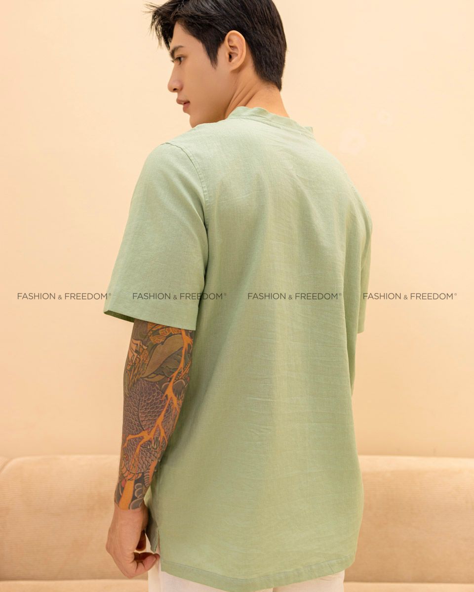 Áo Sơ Mi Nam Linen Xanh Rêu Nhạt Tay Ngắn