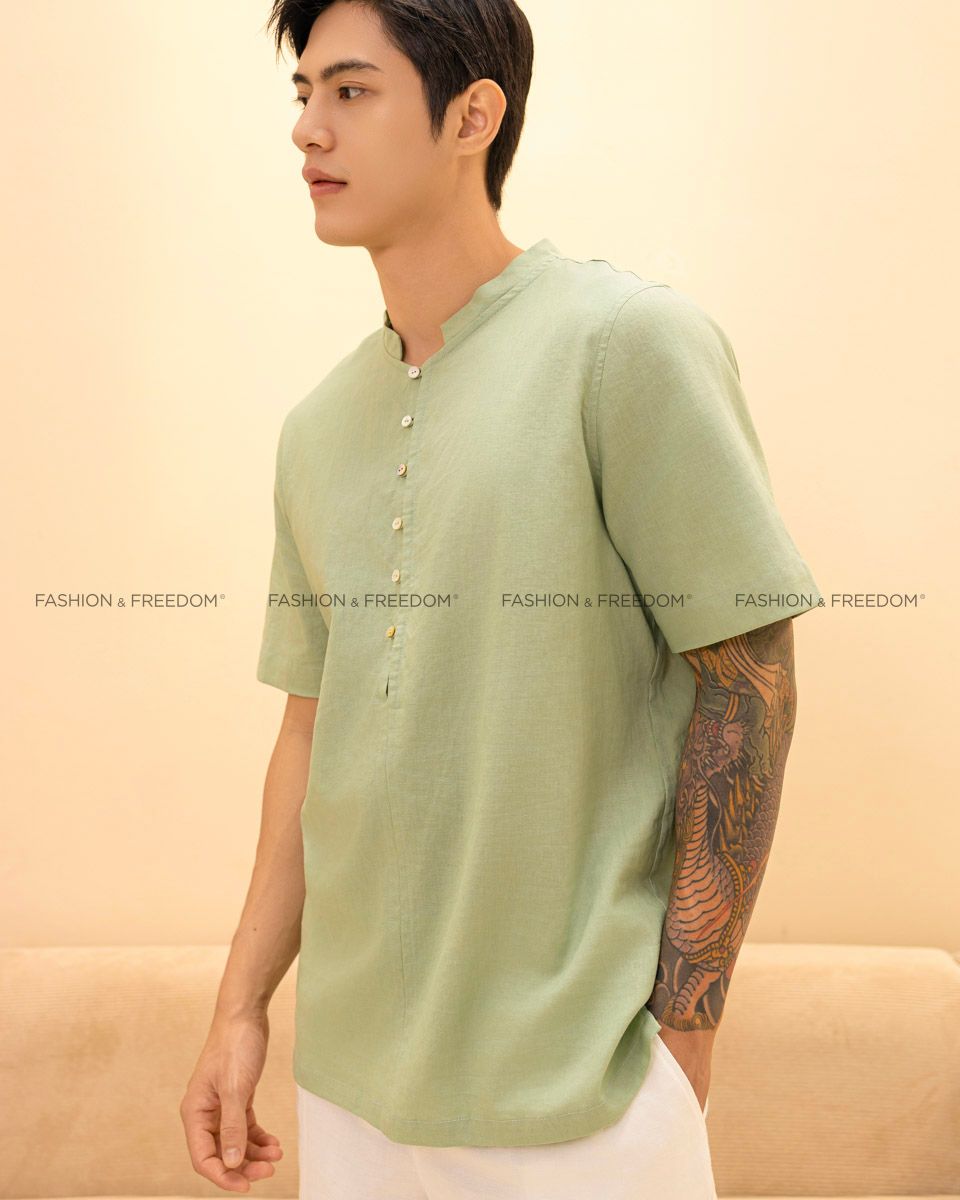 Áo Sơ Mi Nam Linen Xanh Rêu Nhạt Tay Ngắn