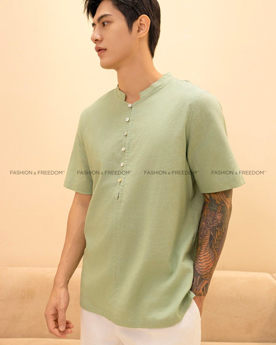 Áo Sơ Mi Nam Linen Xanh Rêu Nhạt Tay Ngắn