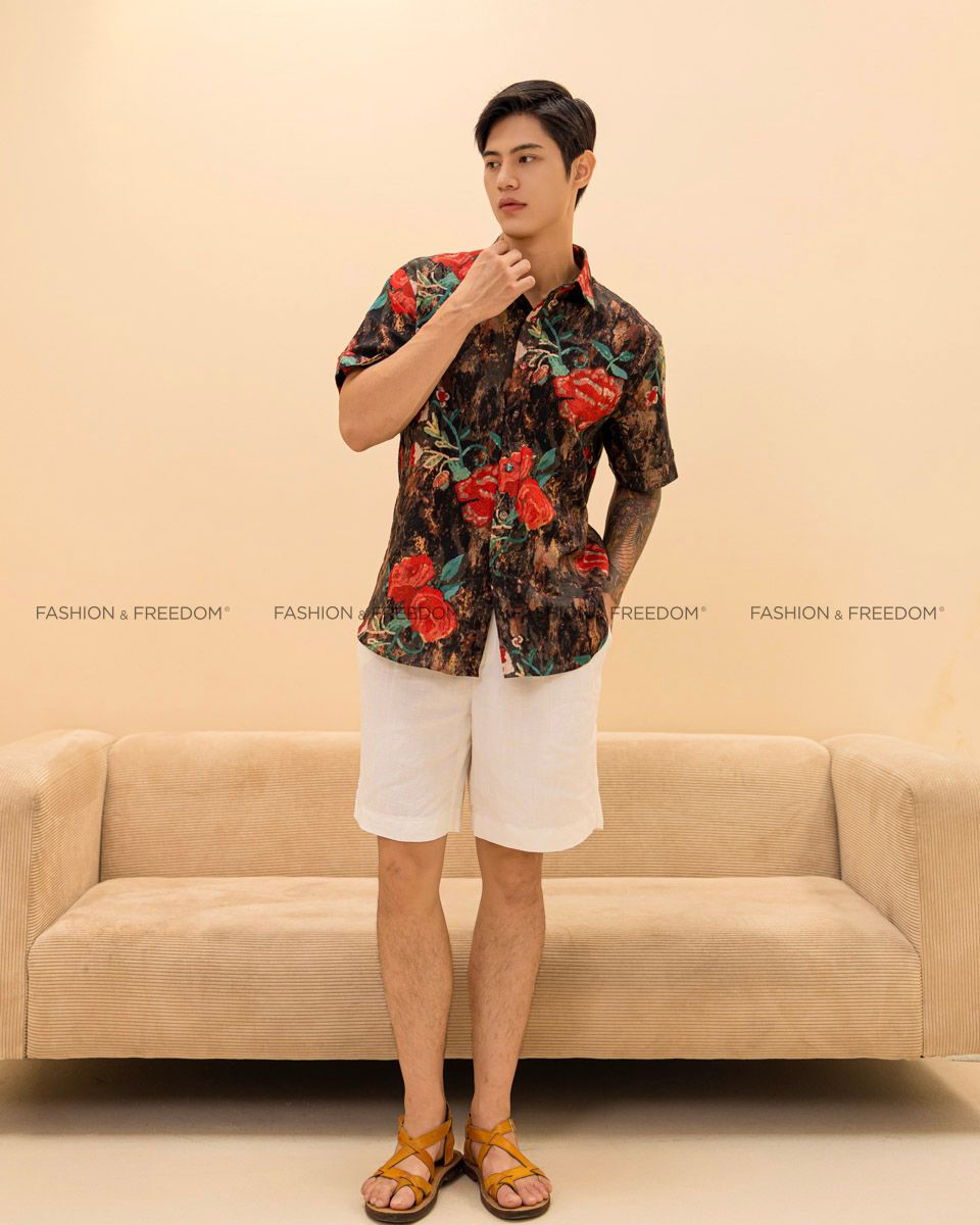 Áo Sơ Mi Nam Linen Nâu Hoa Đỏ Tay Ngắn