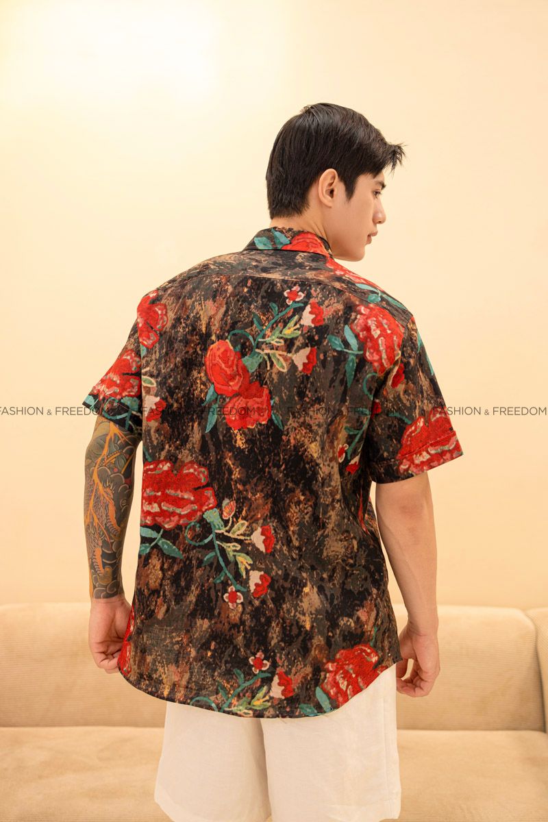 Áo Sơ Mi Nam Linen Nâu Hoa Đỏ Tay Ngắn