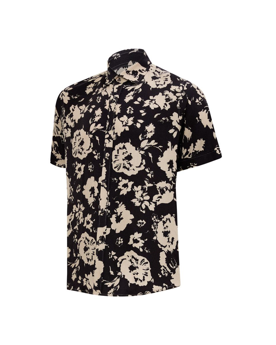 Áo Sơ Mi Nam Linen Nâu Hoa Kem Tay Ngắn