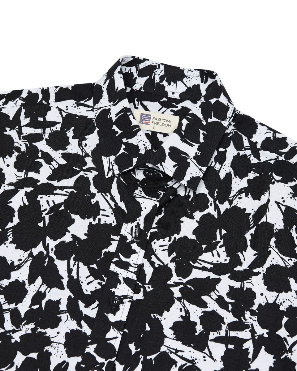 Áo Sơ Mi Nam Linen Trắng Hoa Đen Tay Ngắn