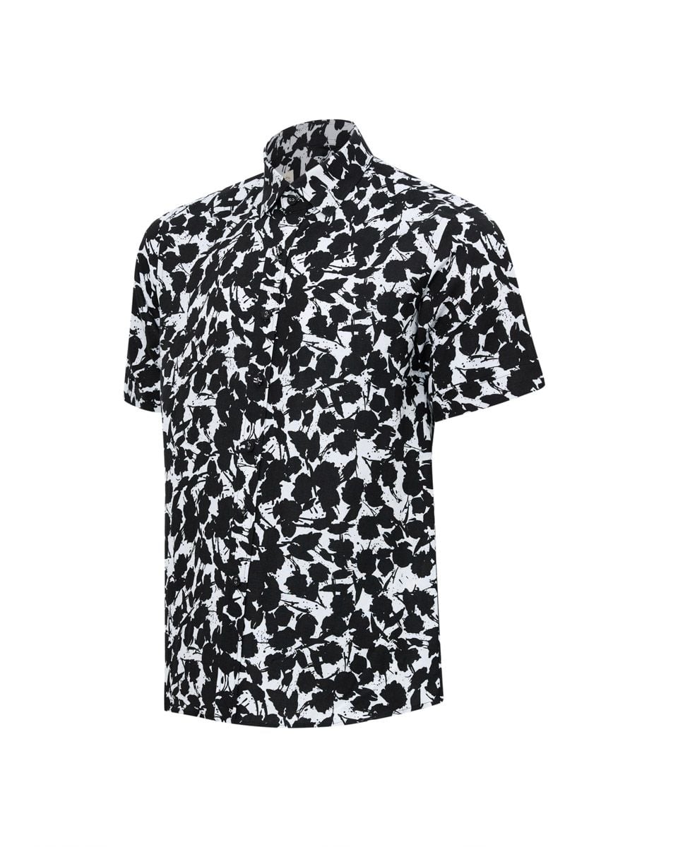 Áo Sơ Mi Nam Linen Trắng Hoa Đen Tay Ngắn