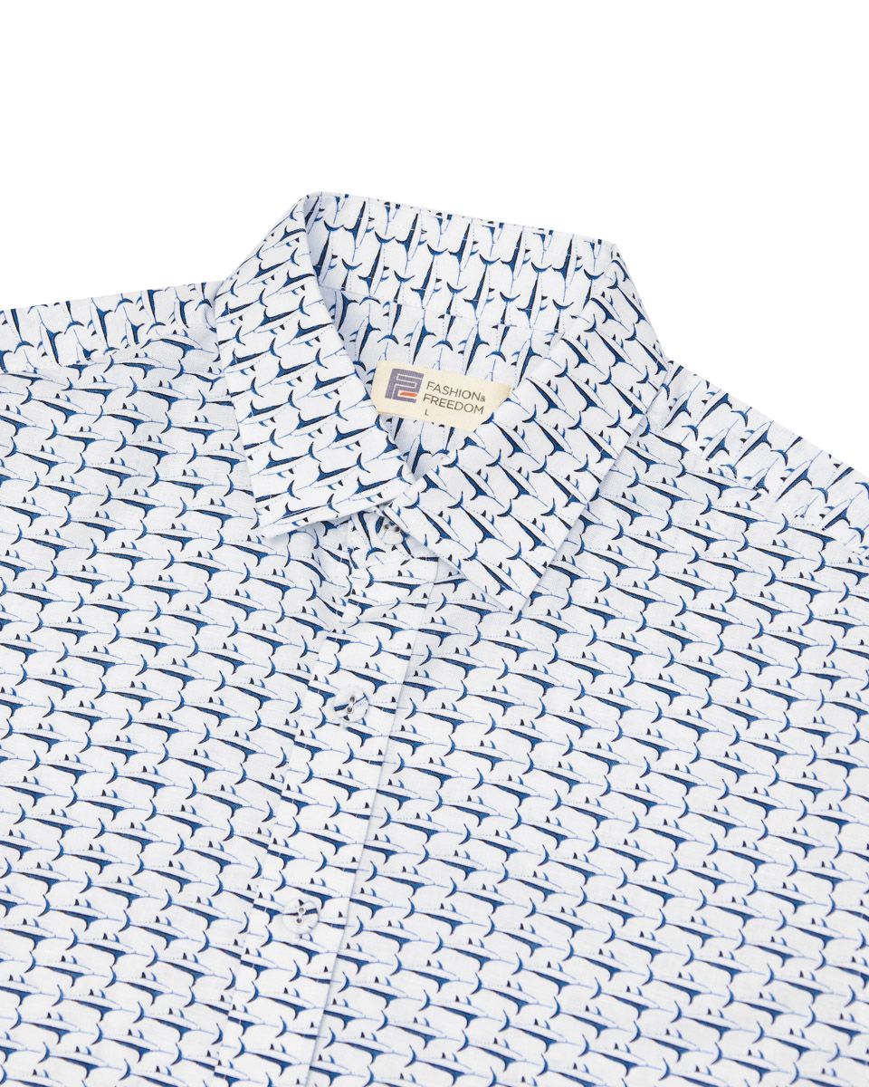 Áo Sơ Mi Nam Linen Trắng Họa Tiết Tay Ngắn