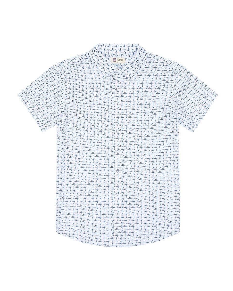 Áo Sơ Mi Nam Linen Trắng Họa Tiết Tay Ngắn