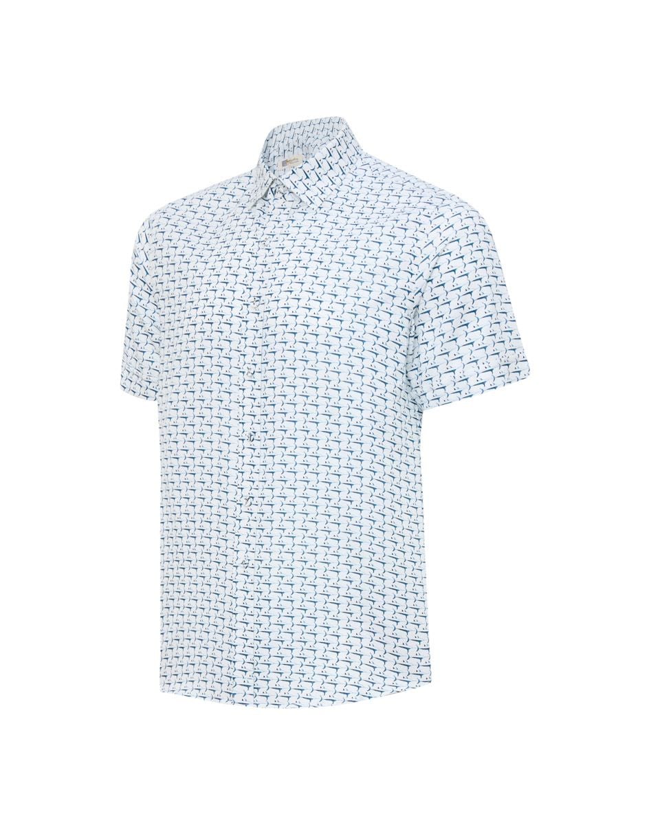 Áo Sơ Mi Nam Linen Trắng Họa Tiết Tay Ngắn