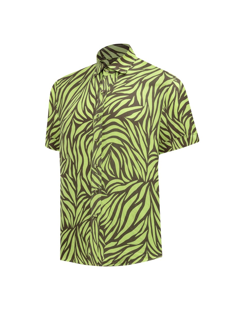 Áo Sơ Mi Nam Linen Xanh Vằn Tay Ngắn