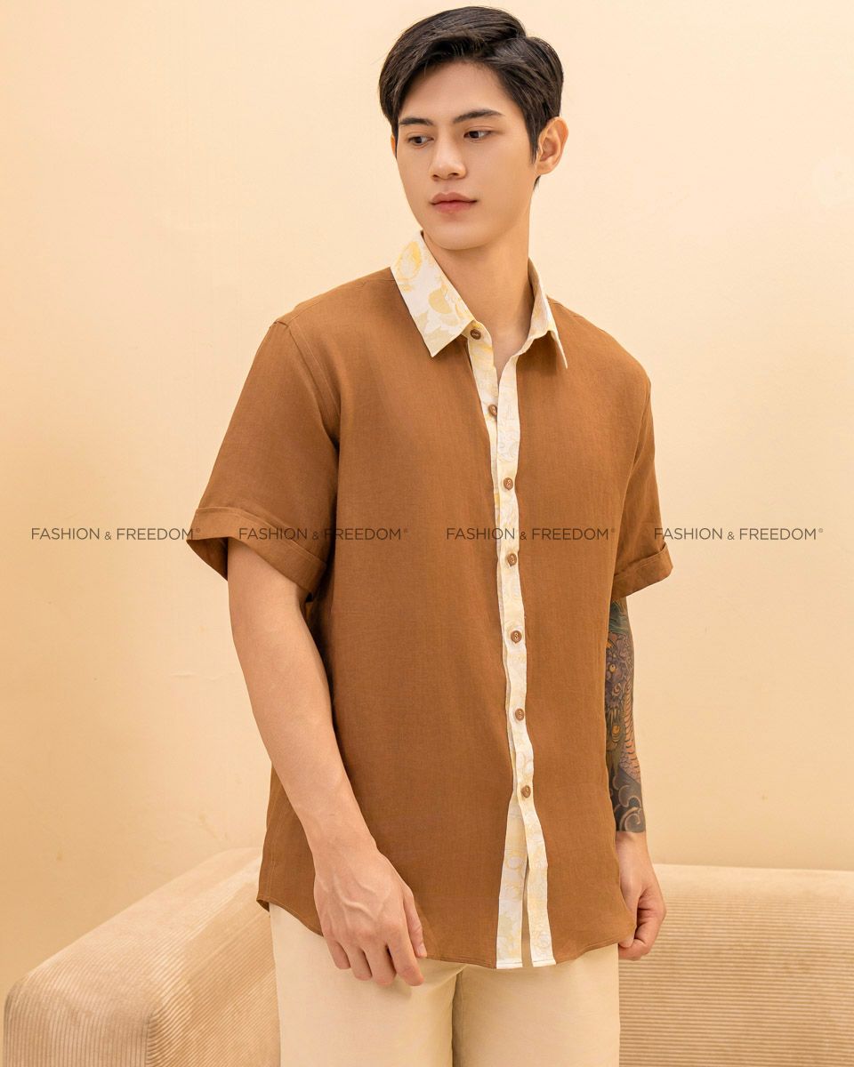 Áo Sơ Mi Linen Nam Nâu Phối Họa Tiết Ngắn Tay