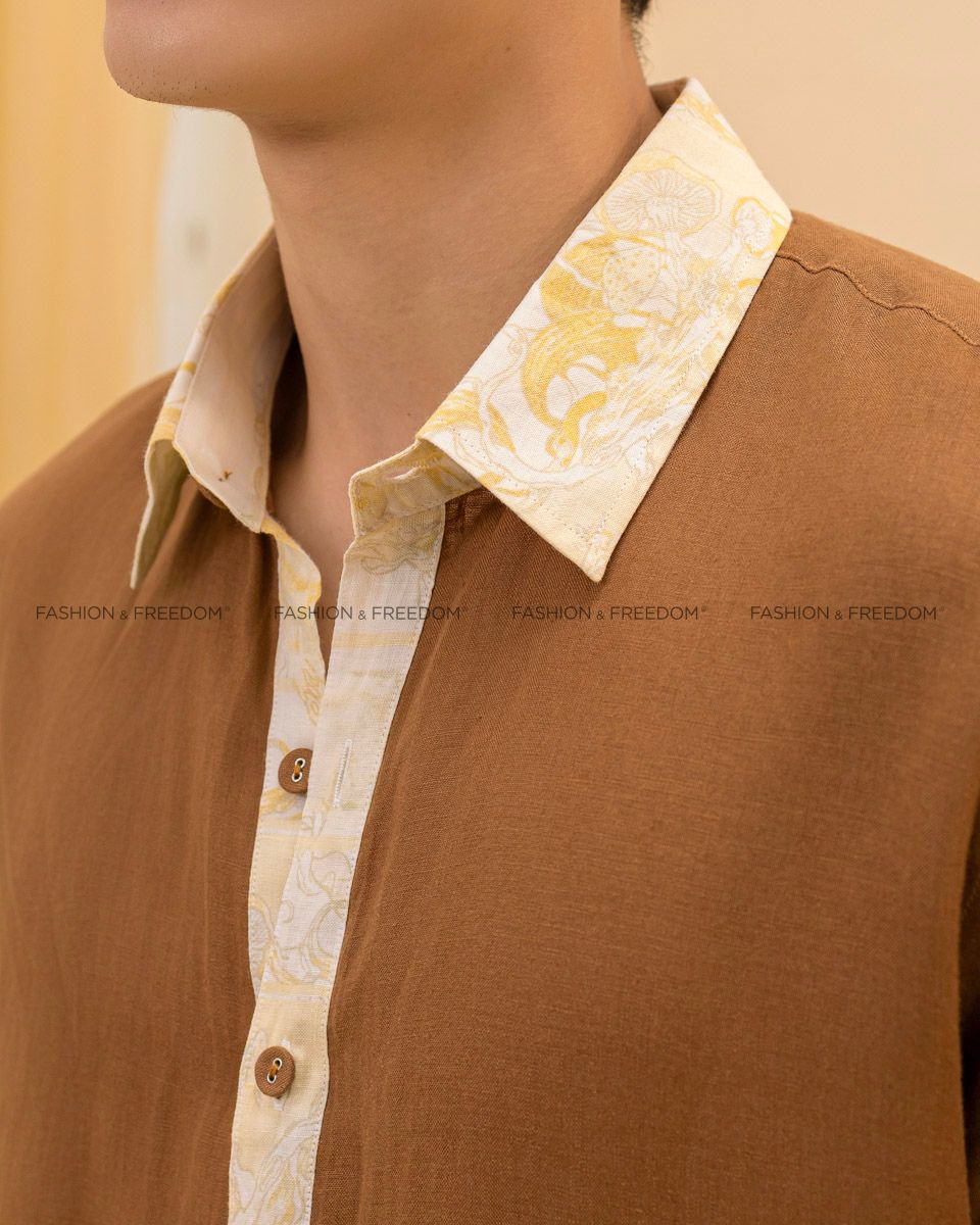 Áo Sơ Mi Linen Nam Nâu Phối Họa Tiết Ngắn Tay