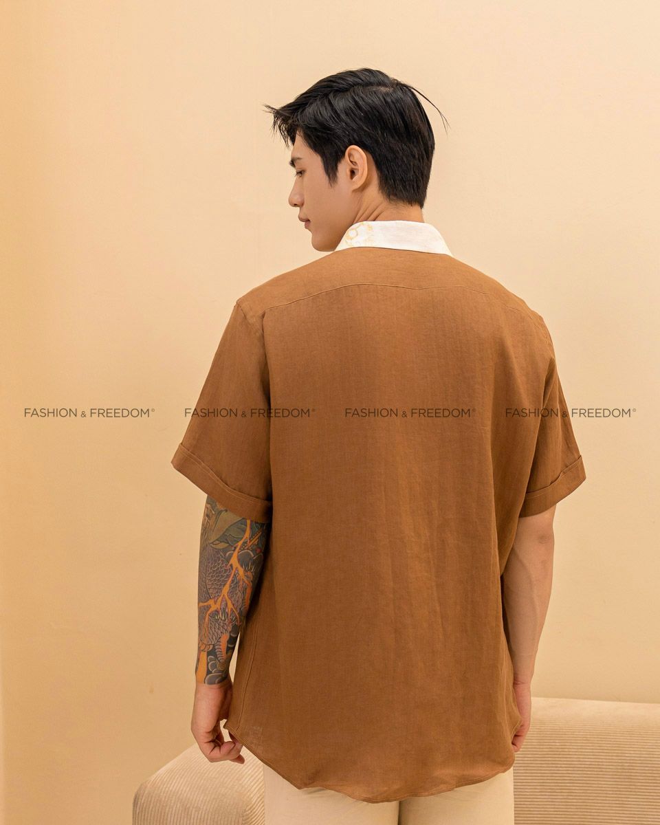 Áo Sơ Mi Linen Nam Nâu Phối Họa Tiết Ngắn Tay
