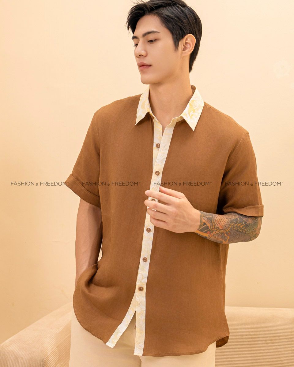 Áo Sơ Mi Linen Nam Nâu Phối Họa Tiết Ngắn Tay