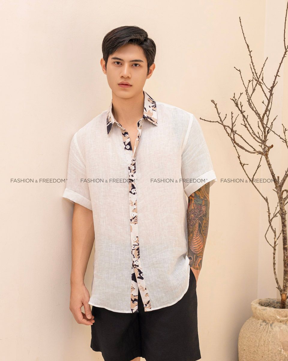 Áo Sơ Mi Linen Nam Trắng Phối Họa Tiết Ngắn Tay
