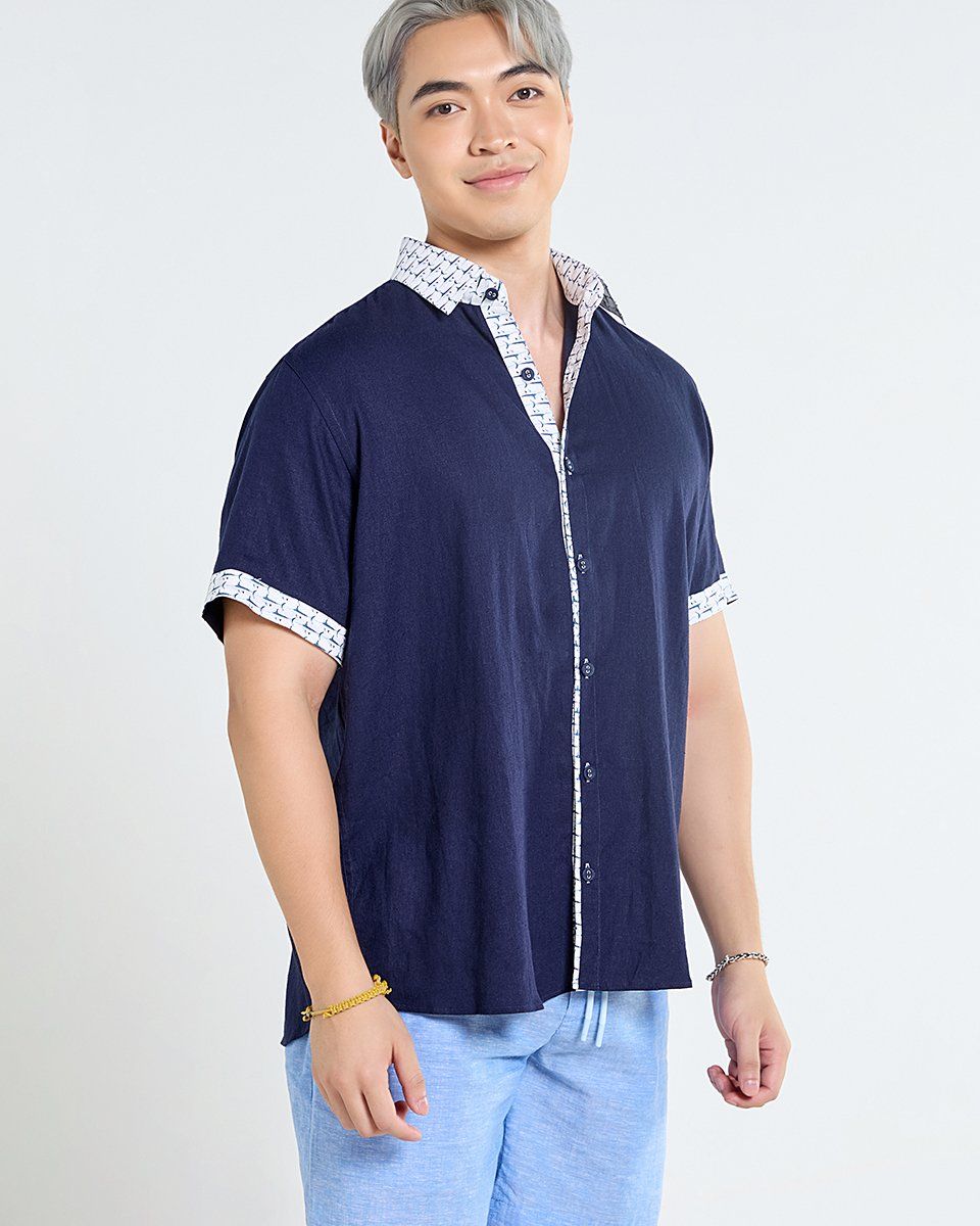 Áo Sơ Mi Linen Nam Xanh Đen Phối Họa Tiết Ngắn Tay Tender Drit