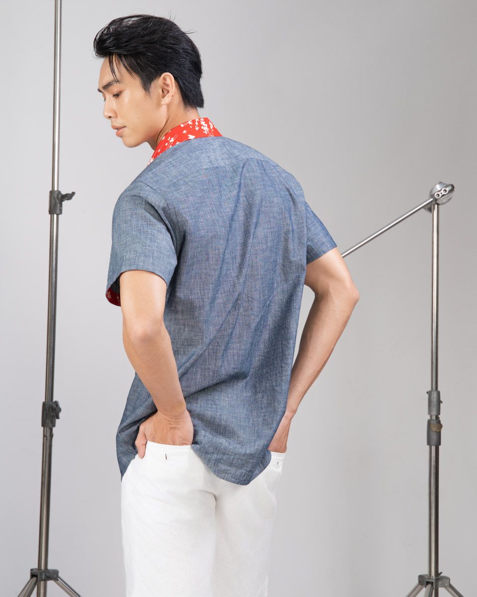 Áo Sơ Mi Linen Nam Xám Phối Đỏ Ngắn Tay
