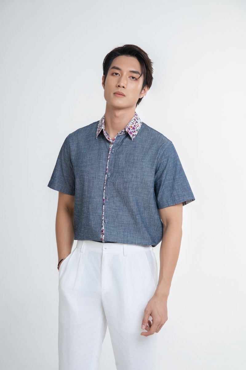 Áo Sơ Mi Linen Nam Xám Phối Hoa Nhí Ngắn Tay